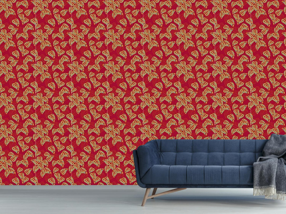 patterned-wallpaper-birchleaves-on-red