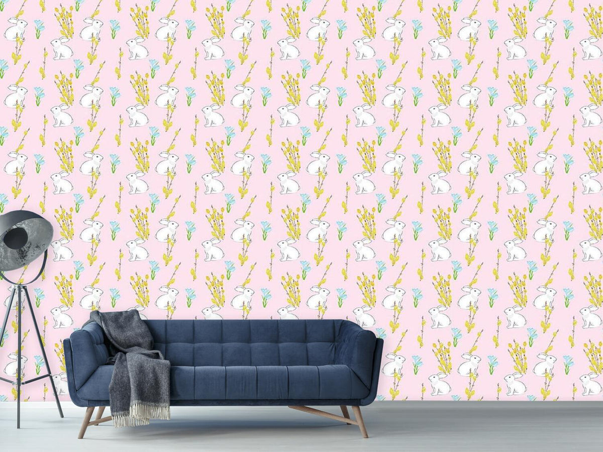 patterned-wallpaper-easter-bunny-and-flowering-willow