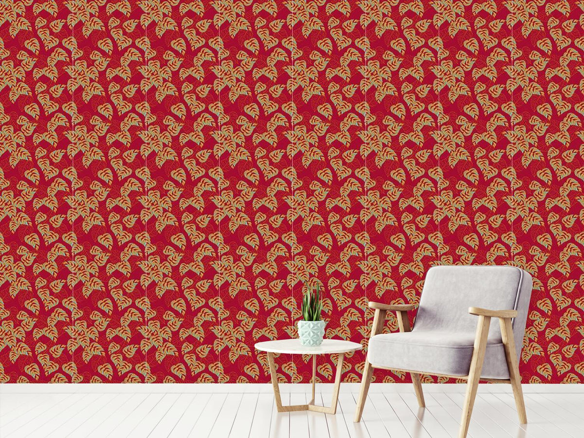 patterned-wallpaper-birchleaves-on-red